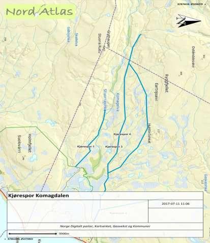 Søknad Kart. Kjørespor til Veis ende (1) på vest siden av Komagelva. Slaktarfjell (2) og to omsøkte traseer til Hybia (3 og 4) på østsiden av Komagelva.