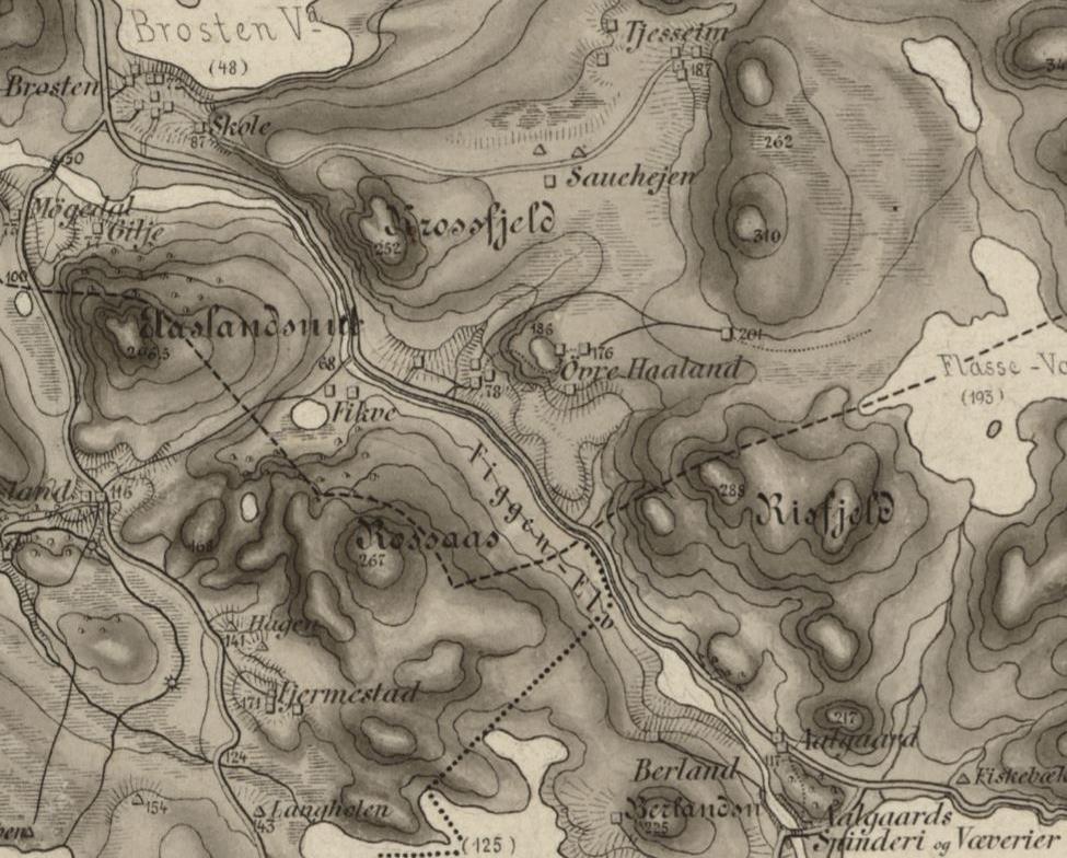 4. 1886 Figgjo_rektangelht50_6b-7. Da dette kartet ble laget hadde Ole Nielsen kjøpt eiendom av Figved og var i gang med planene for ullvarefabrikken. PÅ Ålgård var han godt etablert.