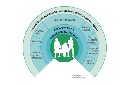 Helse og helseoppfølging Den enkeltes helsetilstand er et resultat av et komplekst samspill mellom ulike faktorer fra generelle og bakenforliggende samfunnsforhold som økonomisk utvikling,