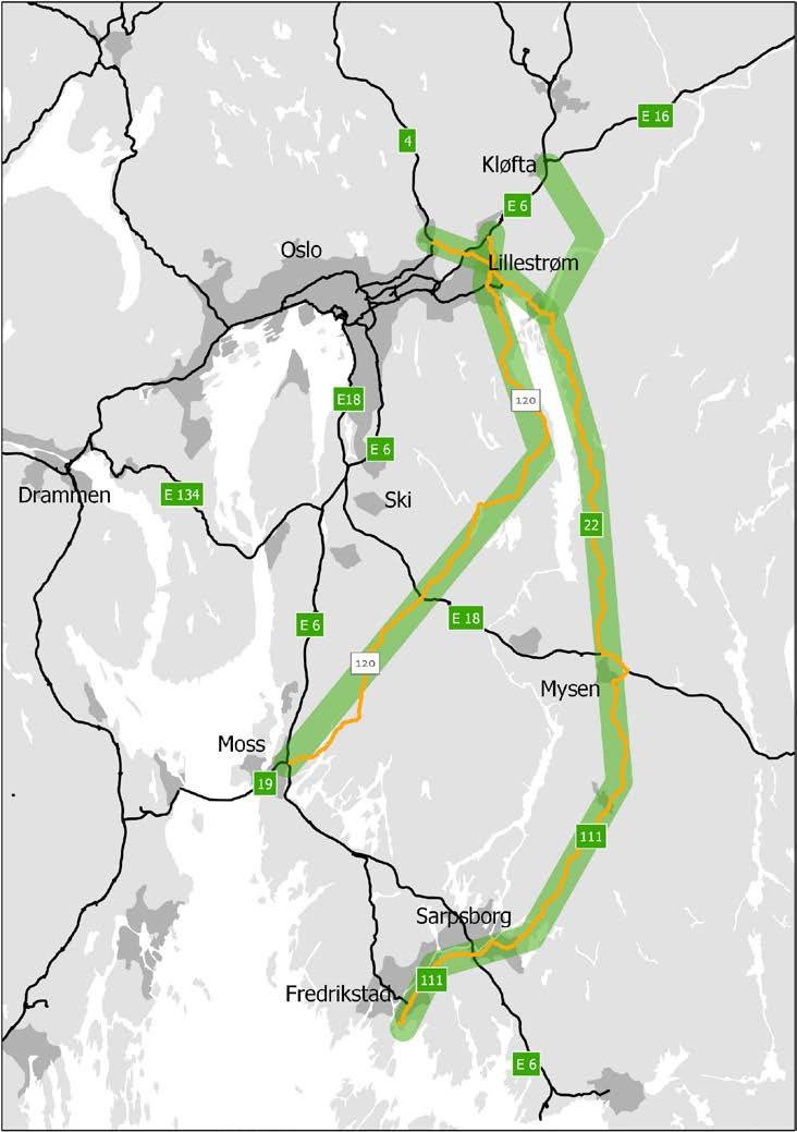 Figur 6: Utredningskorridorene som foreløpig er vurdert som aktuelle Utredningsoppgaven vil være avgrenset til ulike vegkonsept mellom E6 syd og E6 nord for Oslo.