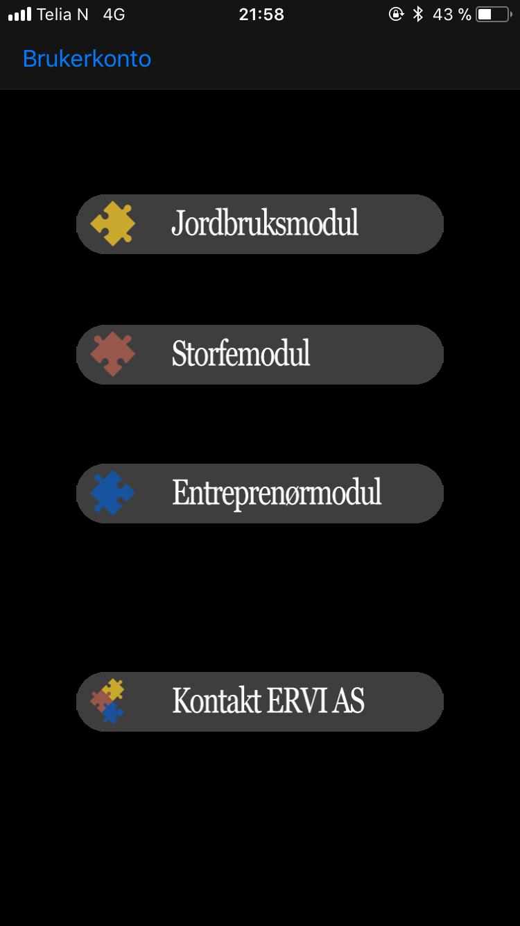 Skjermen varierer, avhengig av hvor mange moduler du har aktivert. Fra hovedskjermen har du tilgang på Brukerkonto. Kontakt ERVI AS er alltid aktivert og synlig på hovedskjermen. 2.