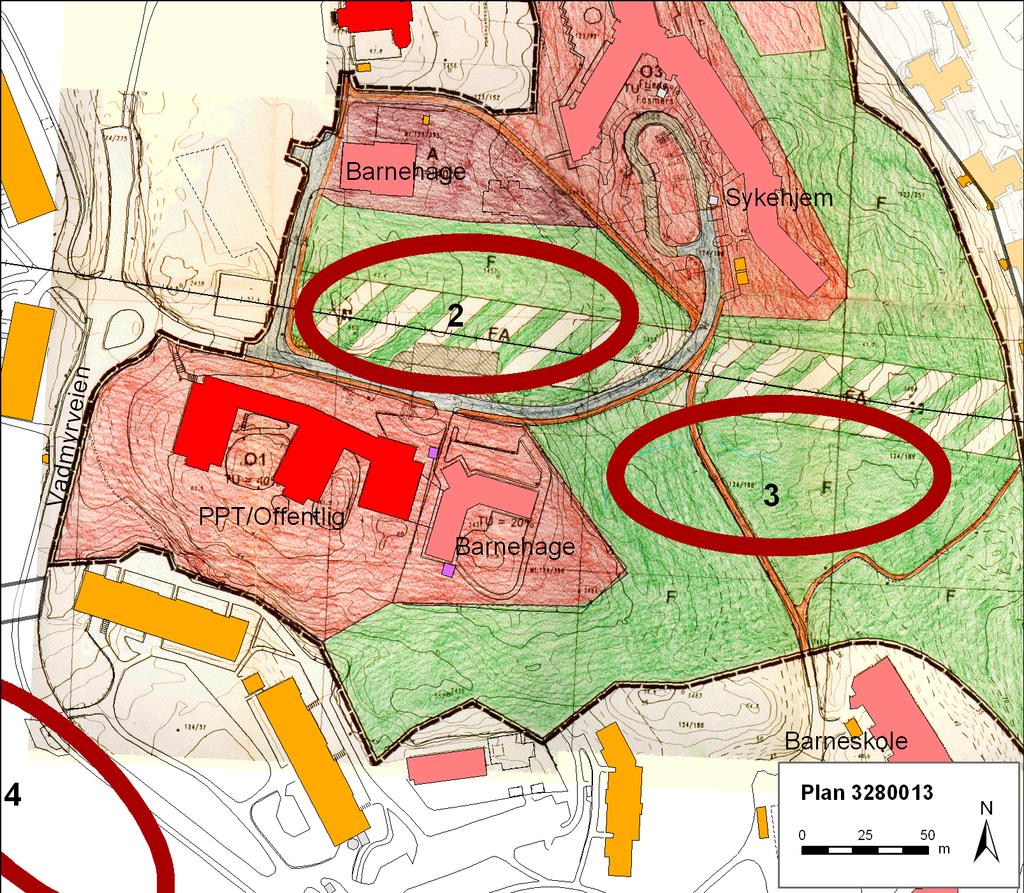 Tomtesøk for fjernvarmeanlegg i Loddefjord 11 eksempel bolig- og lekeformål (spenning ikke undersøkt). Alternativene er regulert til fareområde/friområde i plan 3280013.