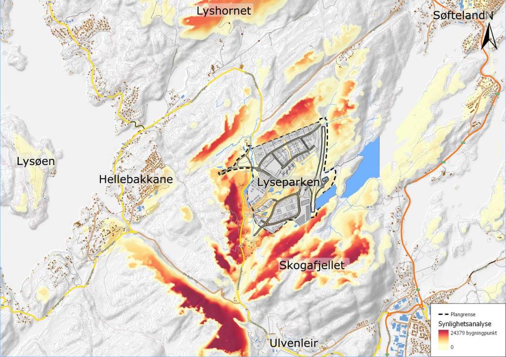 Figur 5. Synlegheitsanalyse over viser kor visuelt planlagt tiltak vil vera for omgjevnaden.