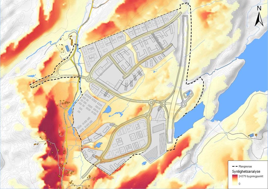 Figur 7. Nærverkned for bustadar like vest for Lyseparken og E39. Store deler av Lyseparken vil verta synleg for dei som bur nær Lyseparken. For biltrafikken langs E39 er ikkje Lyseparken like synleg.