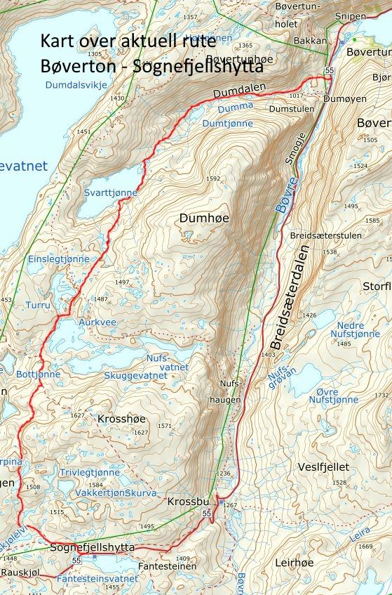 Aktuell DNT-rute i Breheimen, frå Bøverton Sognefjellshytta.