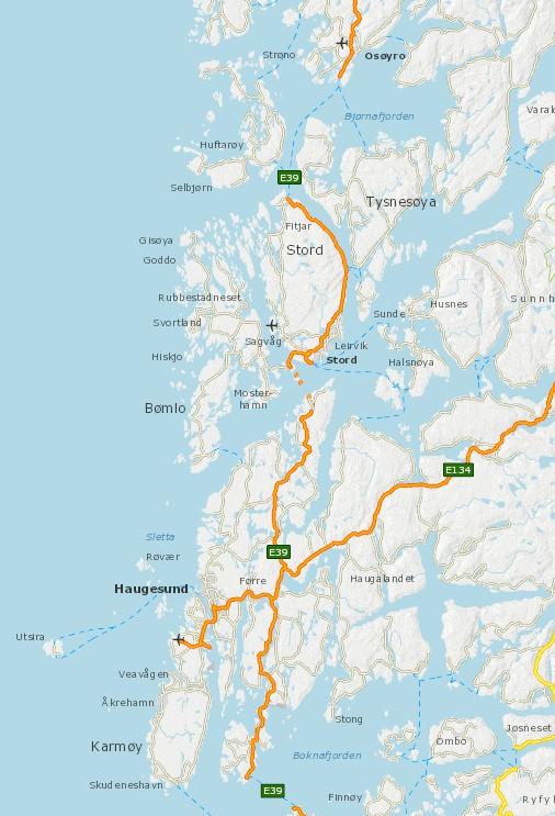 Rogaland og Hordaland E39 Bokn-Stord-Os 3 Dagens veg er ca. 140 km + ferje 130 km 4-felts veg gjennom 7 kommunar 1. Bokn Stord: 70 km 2.