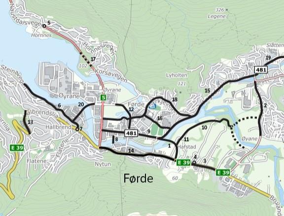 Sogn og Fjordane Førdepakken Føremål: Bidra til ei god sentrumsutvikling i Førde 20 tiltak 1.650 mill. kr Utlysing av tiltak 2018/19: E39 Hafstad-Kronborg, gsveg og to kryss Fortau fv.