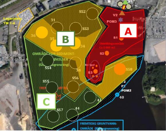 Gilhusbukta: Område A er sterkt forurenset, område B og område C er forurenset, men område C noe mindre enn B.