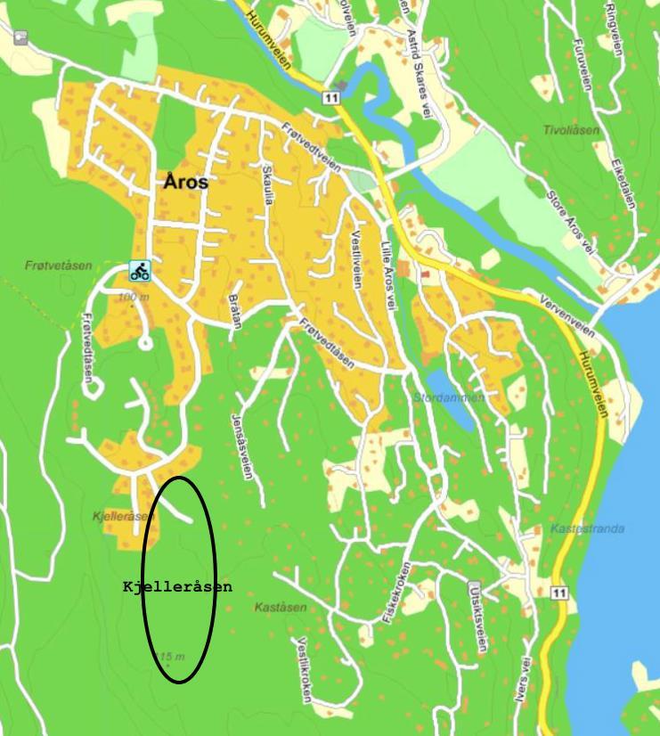 Figur 1 Kjelleråsen ligger sørvest for Skofterudfeltet. Figur 2 Utkast til reguleringsplan for Kjelleråsen. 2. Dagens trafikksituasjon Planområdet ligger på toppen av Kjelleråsen på Åros i Røyken.
