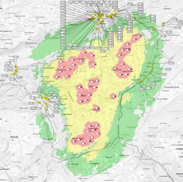 Alternativ 1 gir bedre utnyttelse, høyere produksjon og lavere støybelastning for nærliggende bebyggelse. Figur 7. Forskjell i støysoner mellom basisturbin (V117-3.