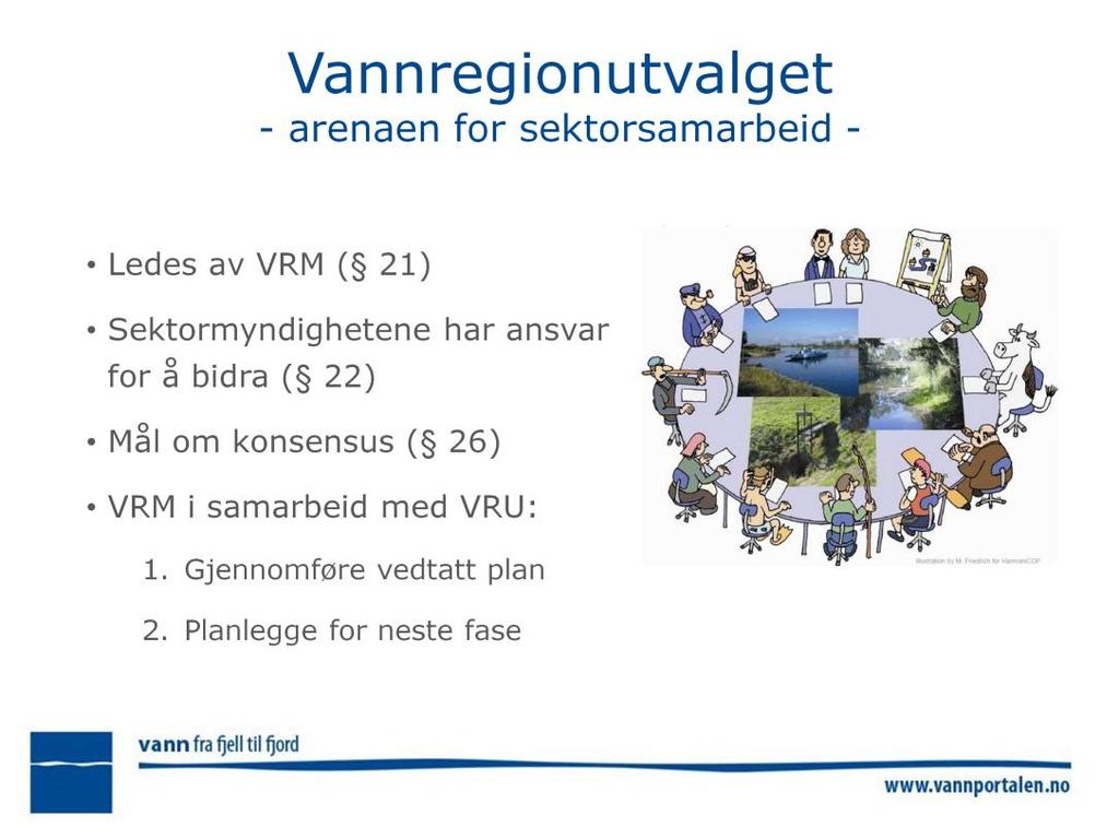 21 vannregionmyndigheten skal koordinere arbeidet, legge til rette, følge opp myndigheter som har oppgaver, samordne de ulike bidragene.