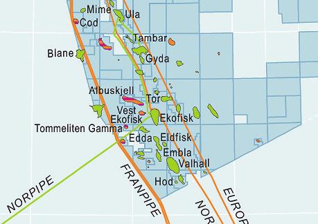 Edda Embla Eldfisk 55 Ekofiskområdet Ekofiskområdet ligger på 70-75 meters havdyp i den sørlige del av Nordsjøen, cirka 280 kilometer sørvest for Stavanger.