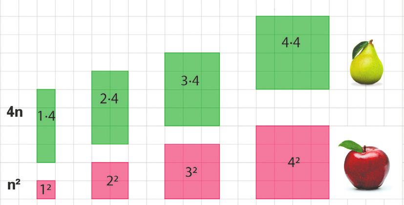 I en frukthage har man plantet epletrær ( ) med pæretrær ( ) rundt. a) Hvor mange epletrær og pæretrær er det i figur 5? b) Hvor mange epletrær og pæretrær er det i figur n?