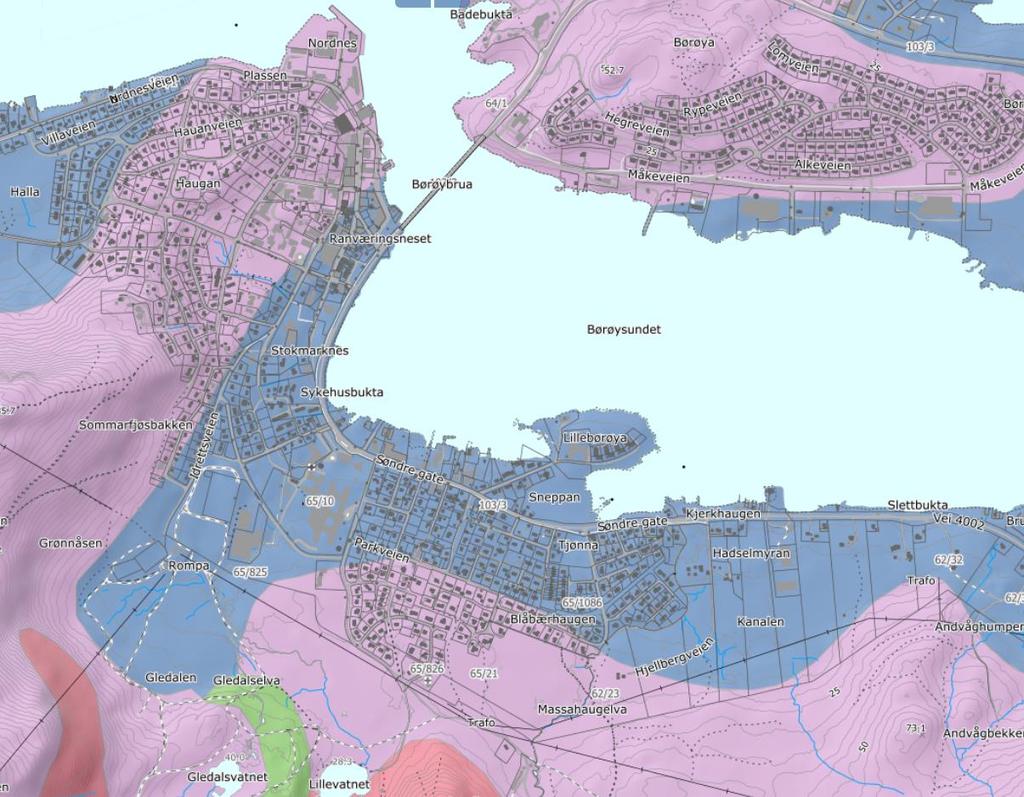 4 Grunnforhold Som det framgår av løsmassekartet i figur 4-1, består det øvre løsmasselaget i området av strandavsetninger, som forekommer ofte som tynt dekke (blå) over andre sedimenter eller berg.