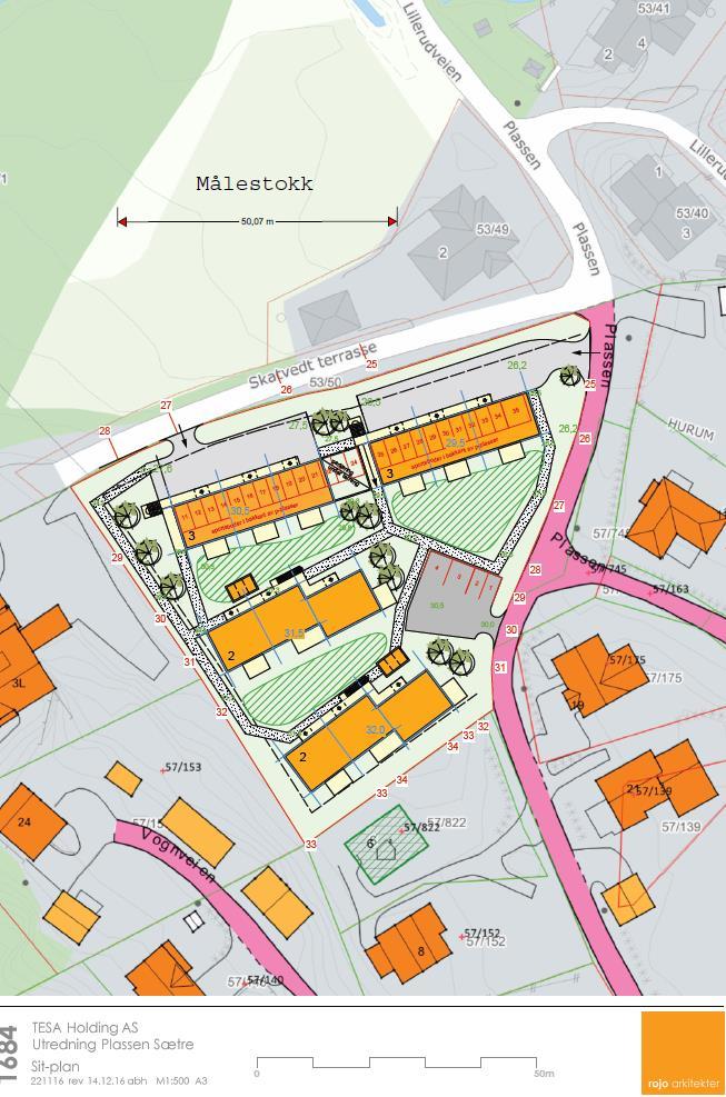 3 Vedleggskart til varsel om utarbeidelse av forslag reguleringsplan for boligfelt på gnr/bnr 57/164 og 176. Hurum. Illustrasjonsplanskisse Siv.ing. Gjermund Stuvøy AS Org.