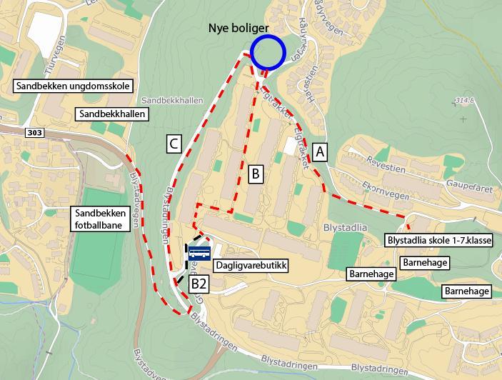 3.2 Vurdering av gang- sykkelforbindelser og omfang av bruk Det er hovedsakelig tre ruter de gående og syklende vil kunne bruke til målpunktene gjennom hele året.