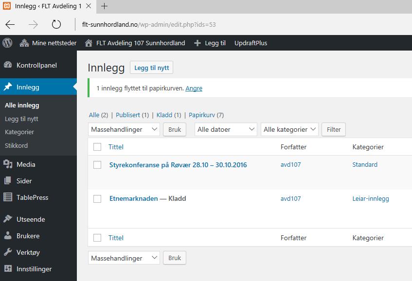 Administrasjon av FLT-Sunnhordland Web-side Nytt innlegg 1.