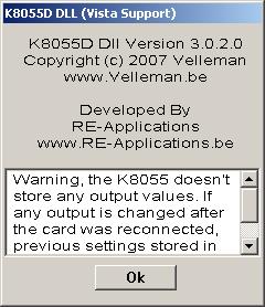 Dette viser at programmet har starta opp og er klar til å kalle opp fila K8055D.dll.