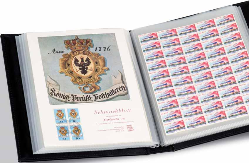 Egnet for frimerkeark A4 Med 60 arklommer For opptil 120 dokumenter (ved tosidig bruk). Rett rygg. Ytre format: 255 x 330 x 55 mm. Artnr.
