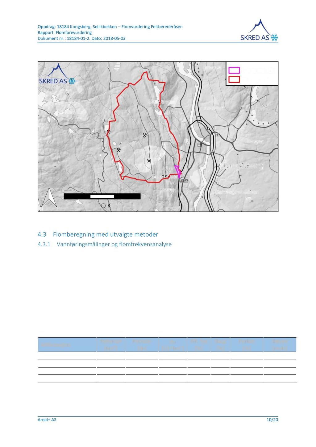 Figur 5 : Feltgrensene til Sellikbekken. 4.3 Flomberegning med utvalgte metoder 4.3.1 Vannføringsmålinger og flomfrekvensanalyse Det er funnet tre målestasjoner som sammen kan gi en indikasjon på flomforholdene i Sellikbekken.