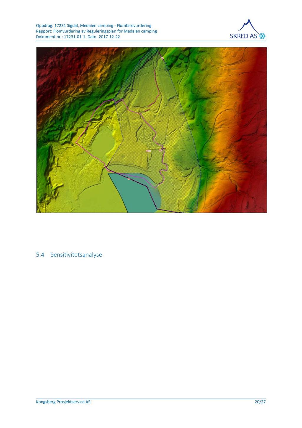 Figur 12 : Benyttet terrengmodell, beregningsgrid og plassering av grensebetingelser for modellen ved utløpet av Flenta langs planområdet. 5.