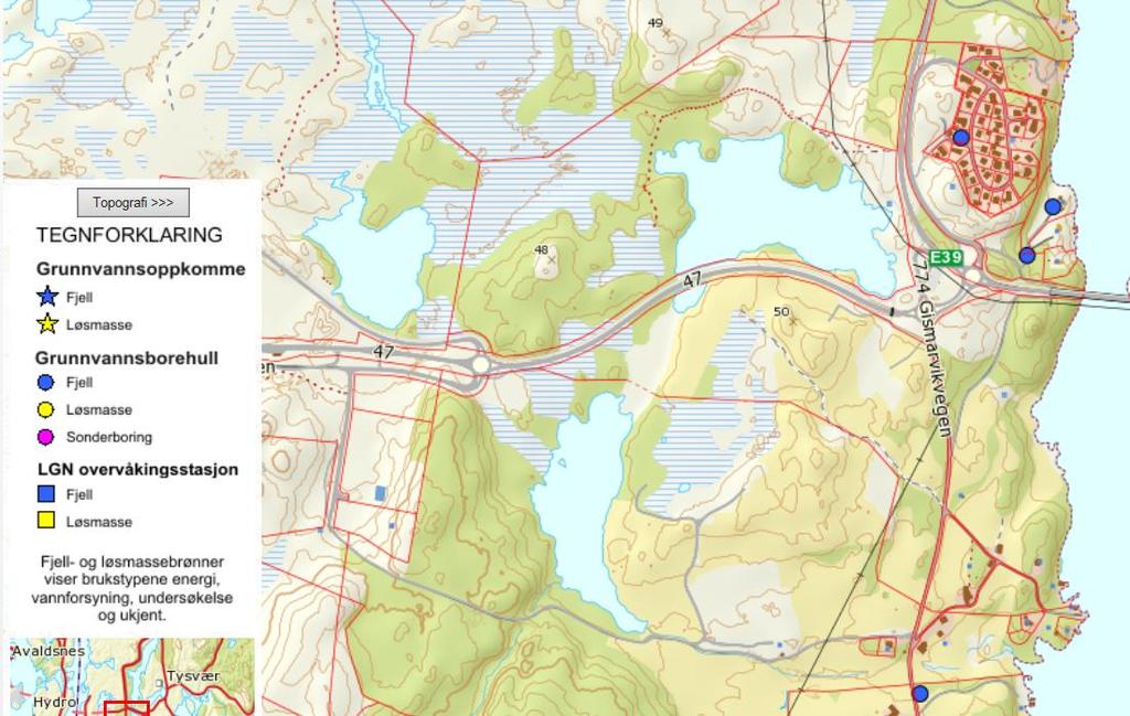 14 KONSEKVENSUTREDNING GISMARVIK Figur 10. Registrerte borehull etter grunnvann i nasjonal grunnvannsdatabasen GRANADA 4.