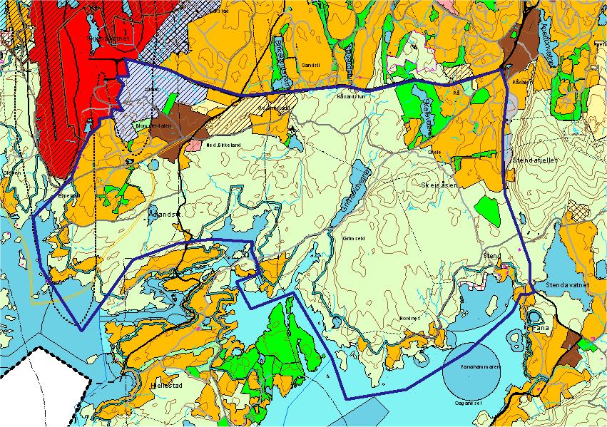 Området for arealanalysen markert med tykk blå strek Arealanalysen tar for seg følgende: Kartlegging av og potensiale for videreutvikling av kjerneområder for landbruk, med fokus på sammenhengende
