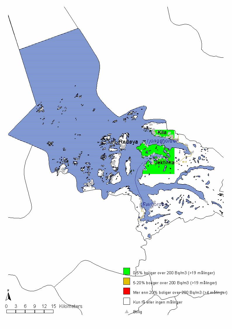 for at en bolig innenfor skravert område har forhøyde radonkonsentrasjoner. Figur 1 viser områdekart for Rødøy kommune.
