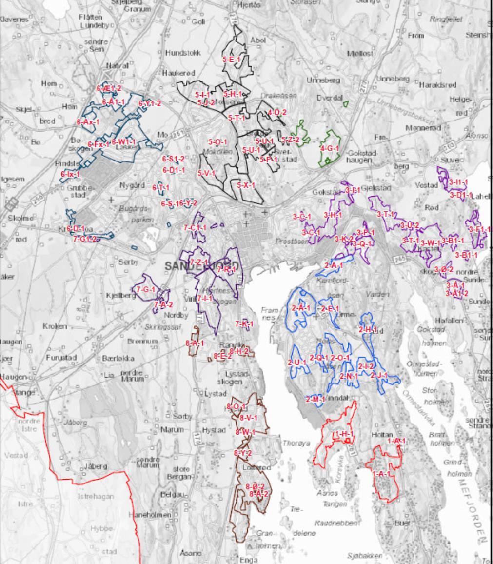 KAPITTEL 4 Gang- og sykkelbyen 41 Kartet viser områder med potensiale for fortetting rundt Sandefjord by.