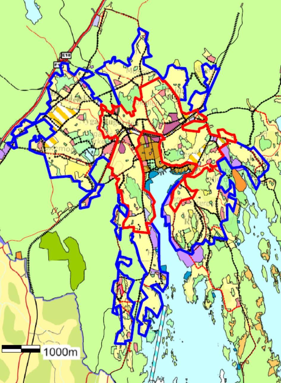 KAPITTEL 5 Ytre by 52 Forslag til avgrensing av sonen for eplehage-fortetting er vist med blå linje på kartet Avgrensingen tar i hovedsak utgangpunkt i områder med god