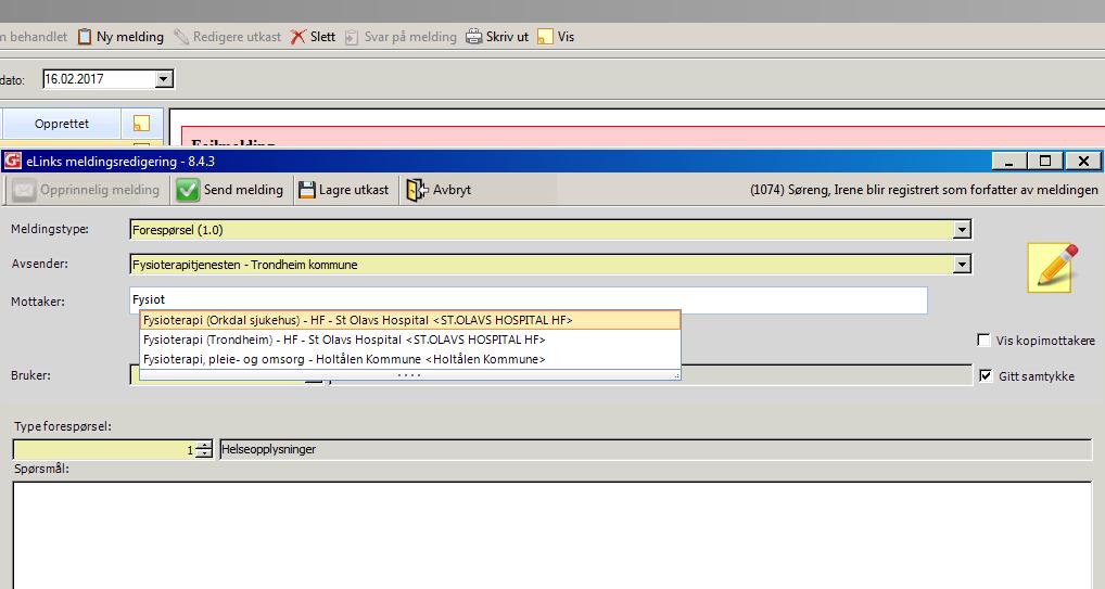 4. Velg Ny melding, meldingstype Forespørsel og f.eks mottaker Fysioterapi (Trondheim). (Ev Orkdal sjukehus hvis det er aktuelt) eller Saksbehandler, pleie- og omsorg, rehab, - Trondheim kommune.