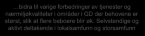 Ny Groruddalssatsing 2017-2026 Tre delprogrammer bidra til varige forbedringer av tjenester og nærmiljøkvaliteter i områder i GD der behovene er størst, slik at