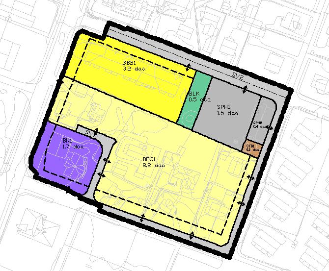 12 3 Planforslaget 3.1 Arealformål Planforslaget er vist under. Se vedlagt plankart for fullversjon med tegnforklaring. Planforslaget er vist med ulike formål med tilhørende arealer.