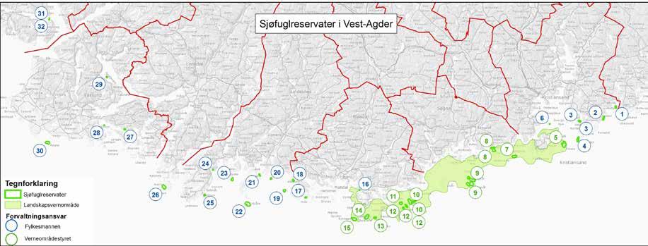 1: INNLEDNING Figur 1: Lokalisering av sjøfuglrervatene i Vest-Agder. Nummereringen av reservatene refererer til listen i tabell 1. Grønn flate viser Oksøy-Ryvingen landskapsvernområde.