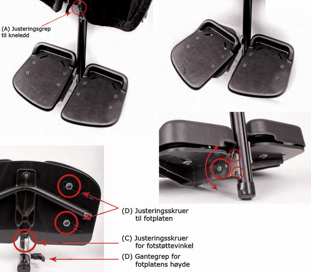 8:2 Fotstøtte delt, justerbar Justering av vinkel ved kneledd - A Løsne håndskruen og juster til ønsket vinkel. Lås med håndskruen når ønsket vinkel er oppnådd.
