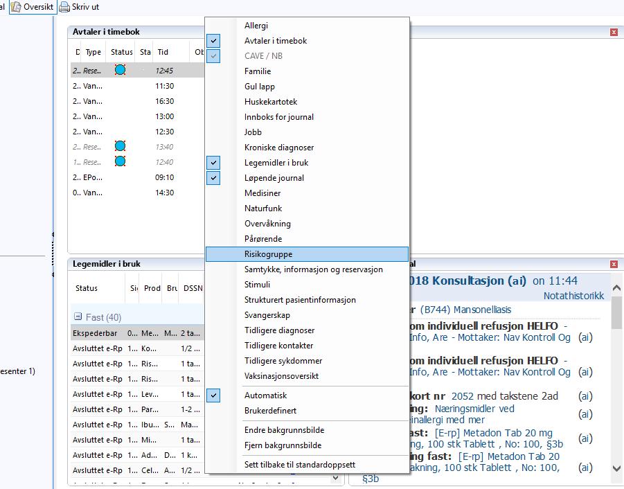 5.2 Ny modul kalt Risikogruppe Det er nå laget en ny modul kalt Risikogruppe som du kan velge å vise i Oversikt i Journal.