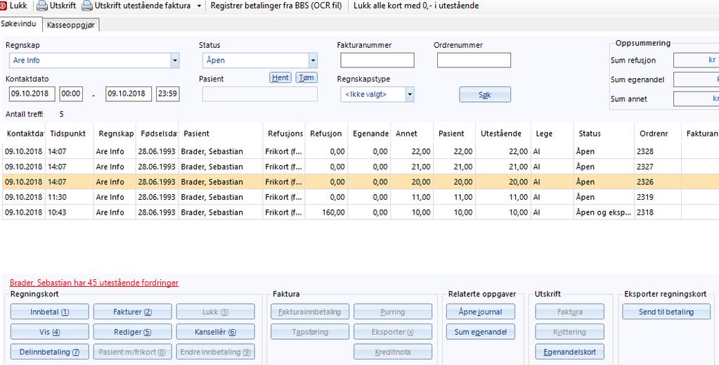 1.2.3 Generere - og Eksportere faktura Når du manuelt eksporterer en faktura til PayEx, vil PayEx gjøre en kredittsjekk på pasienten, og umiddelbart sette status til Betalt hvis kredittsjekken blir