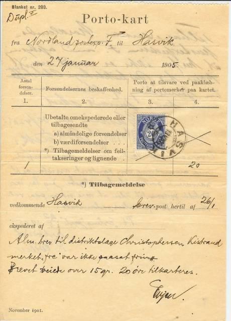 Fig. 3. Portokart, blankett 203, sendt fra D/S Erling Jarl (Nordlands Posteksp. F 27. januar 1905) til Hasvik poståpneri med et etterkrav på 20 øre anført brev-post hertil af 26.1 ang. Alm.