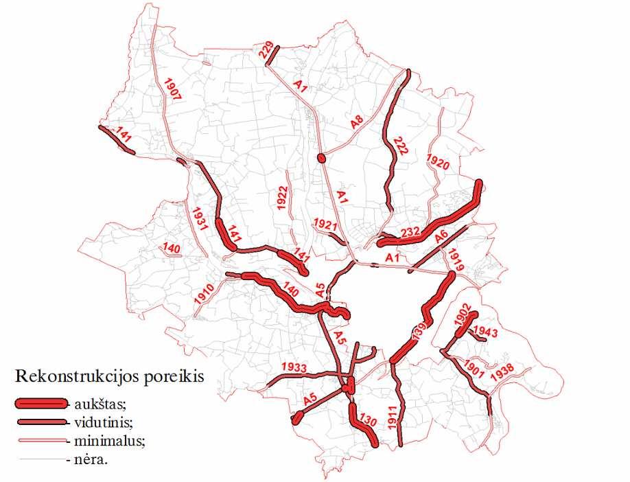 8 paveikslas. Prognozuojamas Kauno r. kelių rekonstrukcijos poreikis 2020 m.