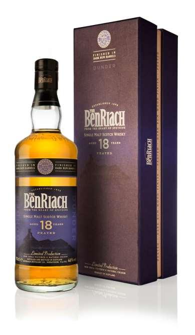 Masse godsaker fra BenRiach BenRiach Dunder 18 YO Peated Rum Finish Unusual for a Speyside malt, the BenRiach Dunder is distilled from peated matled barley.