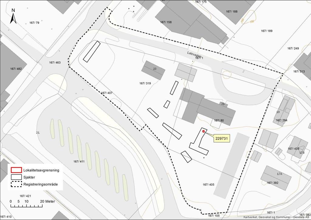 Kart 4: Kart med lokalitet id 229731 og sjakter inntegnet. Avgrensning Lokaliteten er avgrenset av sjakten.