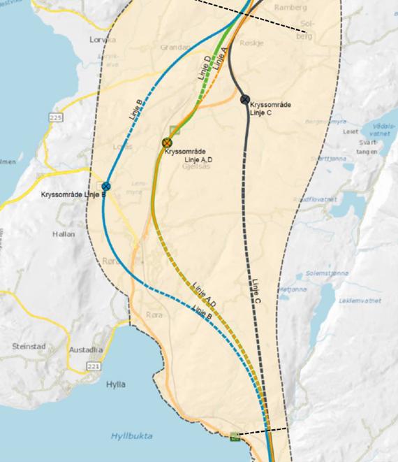 Alternativ A og D følger samme trase fra Fleskhus der de går inn i tunnel. Begge kommer frem i dagen ved avkjørsel Floåsvegen, følger samme trase forbi kryssområde for avkjørsel til F.v. 755 sør for Berg gårdene og videre fram til ny tunnel gjennom Røskje.