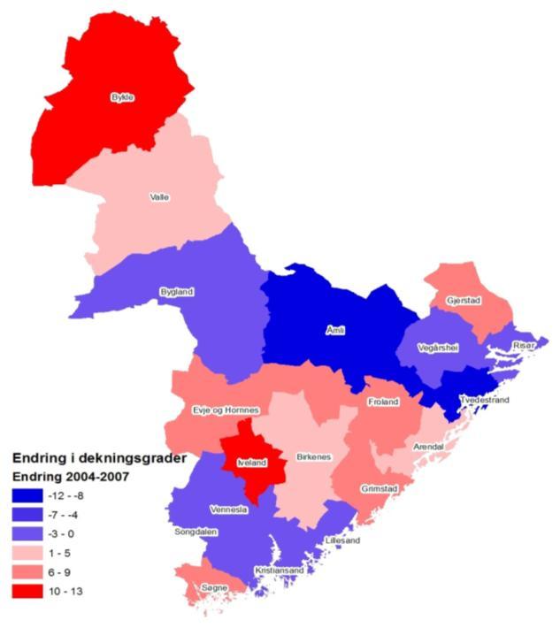 Senterstruktur i Aust-Agder 21 100% Svakest dekningsgrad finner vi blant kommuner med lavt innbyggertall og som ligger nært knyttet opp mot Kristiansand.