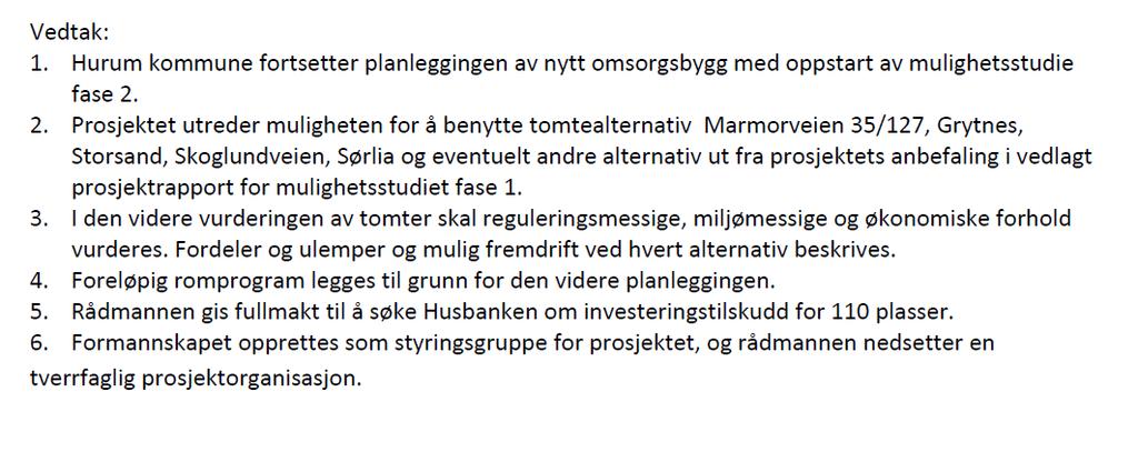 Prosjektet gikk derfor over i fase 2, og prosjektorganisasjon ble satt med Formannskapet som styringsgruppe.