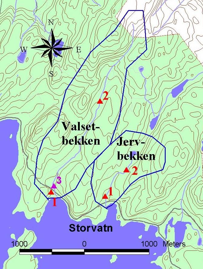 Figur 4.1. Valsetbekken, Jervbekken og Sagelva med nedbørfelt.