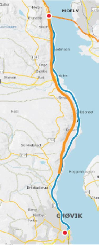 Gjøvik N-Mjøsbrua: ny veg i ny trasé Mer effektiv og trafikksikker person- og godstransport på veg vest-øst, mellom mjøsbyene og sørover til Oslo via E6.