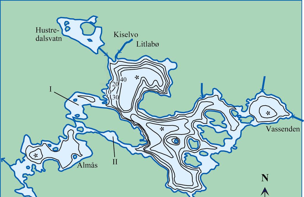 Figur 2. Oversikt over Storavatn med bassenger og dybdeforhold (koteintervall 1 m). De viktigste innløpsbekker er indikert med piler.