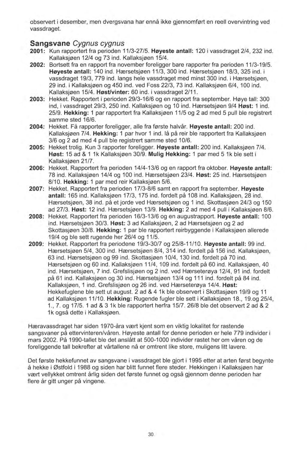 observert i desember, men dvergsvana har enna ikke gjennomf0rt en reell overvintring ved vassdraget. Sangsvane Cygnus cygnus 2001 : Kun rapportert fra perioden 11 /3-27/5.