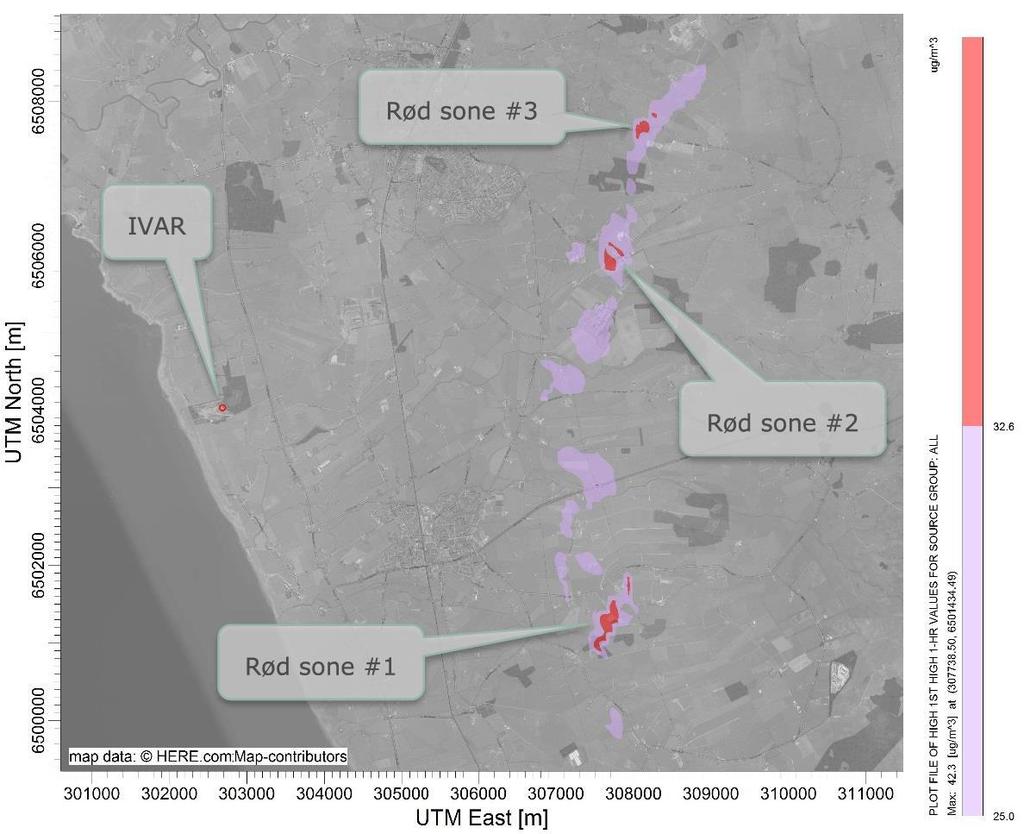 ne (32,6 µg/m 3 ) i tre soner, men disse sonene er ifølge rapporten ikke følsomt areal, jf. Figur 2 [4].