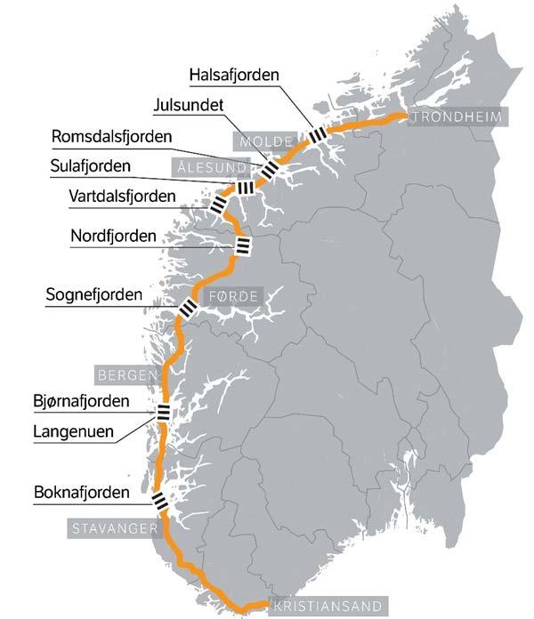 5 brukryssingar over 2 km langs E39 Halsafjorden, 2 km, 5-600 m Vartdalsfjorden, 2,1 km,